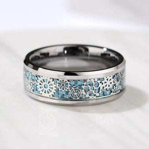 Unique 8mm Tungsten Carbide Rings Wedding Band Gear Wheel Blue Carbon Fiber Inlay Fashion Jewelry Comfort Fit