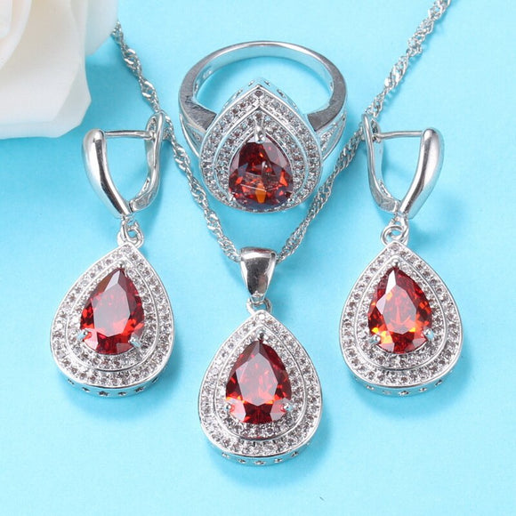 Wedding Red Garnet Jewelry Sets For Women Water Drop Bridal Accessories Silver 925 Earrings Necklace And Pendant Ring Gift Sets