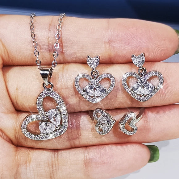 Hot Sale 925 Sterling Silver Heart Stone Necklace Chain Ring Bright Love Jewelry Set CZ Wedding Engagement Fine Jewelry