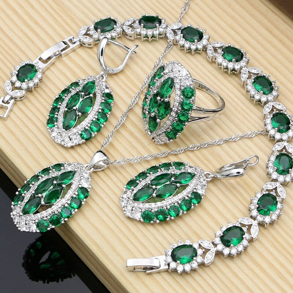 Ethnic Fashion 925 Sterling Silver Jewelry Sets Green Emerald Beads Claws Earrings Rings Necklace Set Women Party Dropshipping