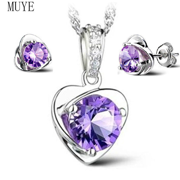MUYE 925 Sterling Silver Amethyst Heart Pendant Necklace Earrings Set for Women's Fashion Fine Wedding Jewelry