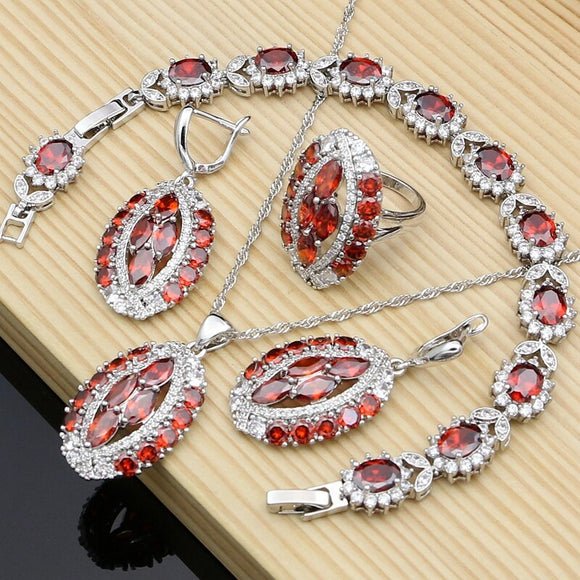 Women Luxurious Bridal 925 Silver Red Garnet Jewelry Sets Earrings Stone Bracelet Ring Necklace Set Dropshipping