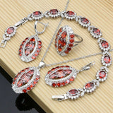 Women Luxurious Bridal 925 Silver Red Garnet Jewelry Sets Earrings Stone Bracelet Ring Necklace Set Dropshipping