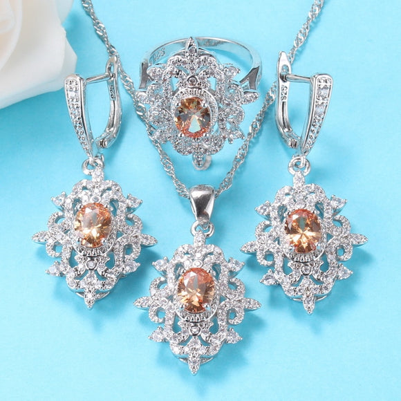 Elegant Champagne Cubic Zirconia Costume Silver 925 Big  Jewelry Sets For Women Gift Necklace And Earrings Ring 3-Piece Sets