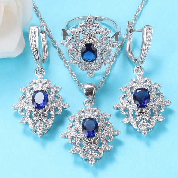 Big Wedding Jewelry Sets Silver 925 Earrings And Necklace Bridal Blue Cubic Zirconia Costume Bracelet And Ring Women Gift Sets