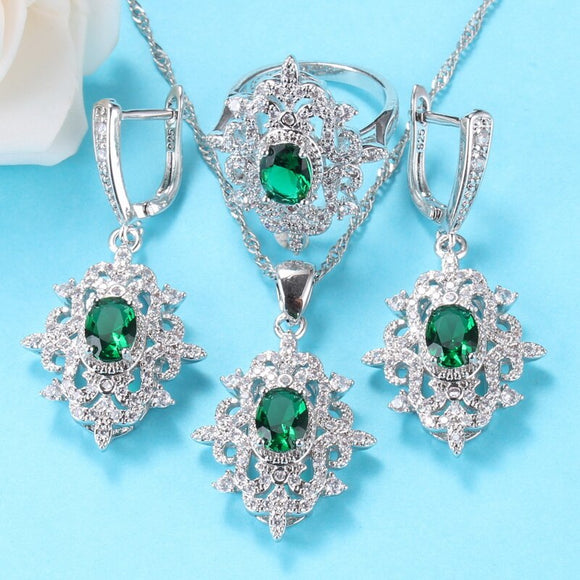 Silver 925 Bridal Green Jewelry Sets Of Earrings And Pendant Ring Cubic Zirconia Costume Jewelry For Women