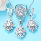 Silver 925 Bridal Green Jewelry Sets Of Earrings And Pendant Ring Cubic Zirconia Costume Jewelry For Women
