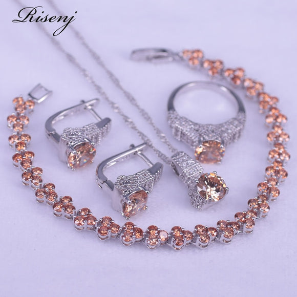 925 Sterling Silver Jewelry Set For Women Champagne Zircon Round Silver 925 Bridal Jewelry Earrings Ring Necklace Bracelet Set