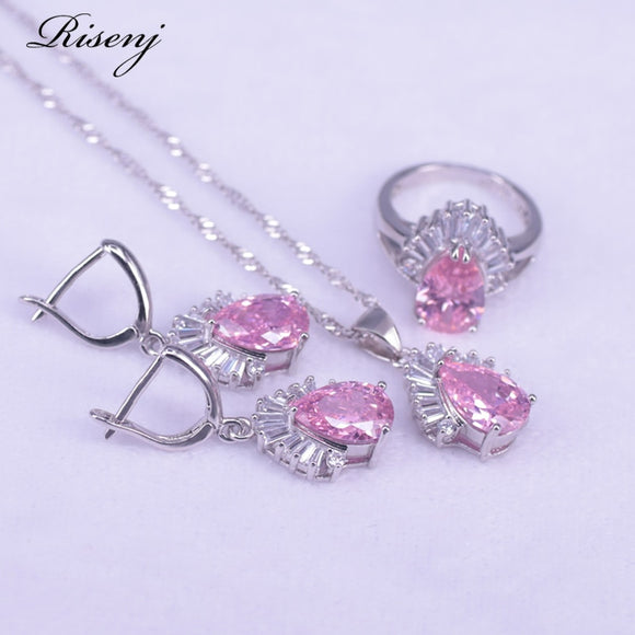 Water Drop Shiny Pink Zircon 925 Sterling Silver Jewelry Set Drop Earrings Ring Necklace Set Costume Jewelry Set
