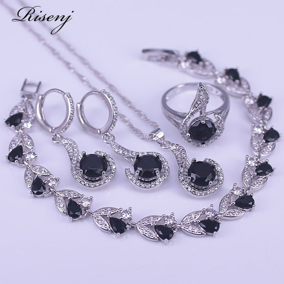 925 silver jewelry set Black Stone White CZ Bridal Jewelry Set Earrings Ring Necklace Bracelet Set Fast Ship
