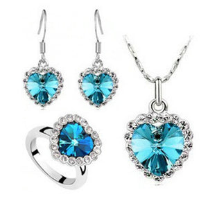Promotional Titanic Crystal Jewelry Set Ocean Heart Three-Piece Necklace + Earrings + Ring Set Bridal Jewelry Wholesale