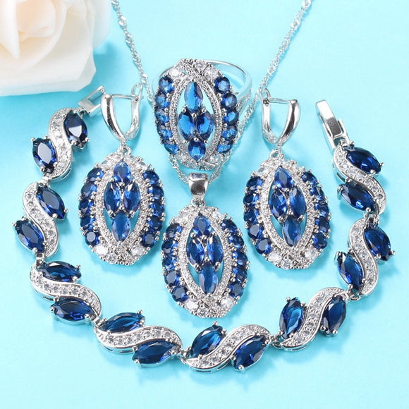 Top Quality Ring And Earring Big  Jewelry Sets 925 Sterling Silver Set Blue Cubic Zirconia Bracelet Sets For Women Wedding Gift