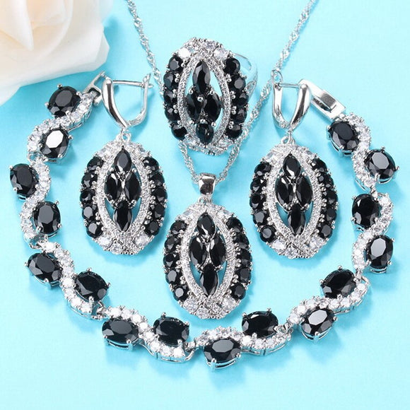 925 Silver Luxury Black Cubic Zirconia Big Jewelry Set For Women Trendy Party Costume Bracelet And Ring Sets
