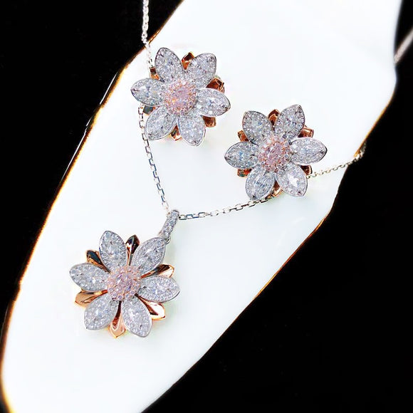 Fashion 925 Silver Gold Necklace Sets for Women Luxury Jewelry Earrings Pink Bling Lotus Flowers Wedding Bridal for Women