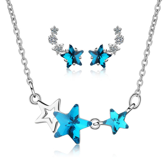 Jewelry For Women Accessories 925 Sterling Silver Set Blue Star Crystal  Stud Earrings Wedding Necklaces Fashion Party Girl Gift