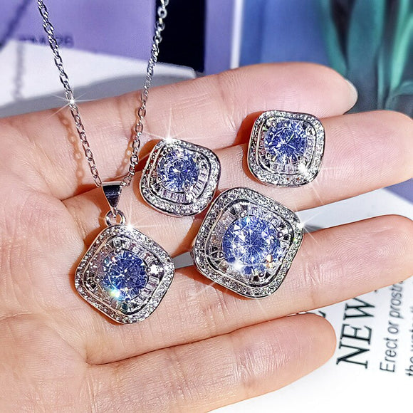 Silver 925 Jewelry Set Blue Zircon Stone Necklaces Ring Earring For Women Square Wedding Party Fine Jewelry Sets Hot Sale