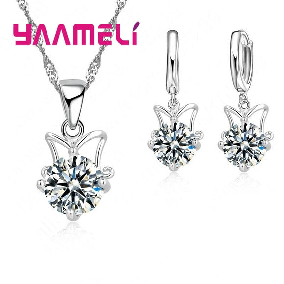 Cute Gift for Women Girls 925 Sterling Silver Clear Cubic Zircon Pendant Necklace Earrings Chain Jewelry Sets Cheap Sale