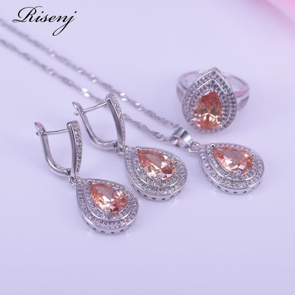 Factory outlet Champagne Zircon White Crystal Shiny Bridal Jewelry Set For Women 925 Silver Jewelry Earrings Necklace Ring Set