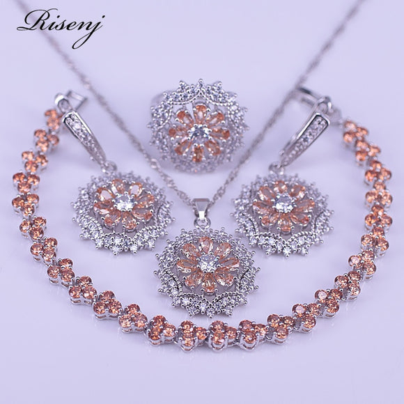 ins popular little daisies champagne zircon white crystal silver 925 jewelry set costume jewelry earrings ring necklace bracelet