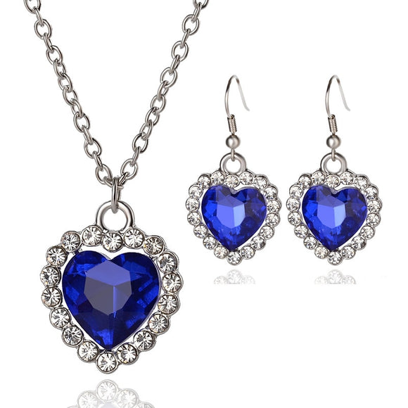 Luxury Jewelry Sets Silver colorFashion Heart Blue Clear Zircon Crystal Necklace Earrings Set for Women Wedding Anniversary Gift