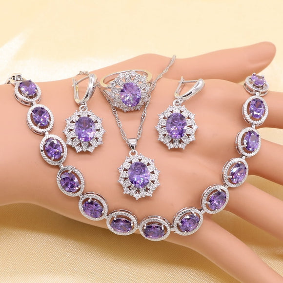 Purple Cubic Zirconia 925 Sterling Silver Jewelry Set for Women with Bracelet Earrings Necklace Pendant Ring Birthday Gift