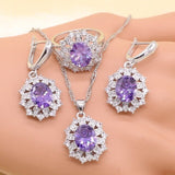 Purple Cubic Zirconia 925 Sterling Silver Jewelry Set for Women with Bracelet Earrings Necklace Pendant Ring Birthday Gift