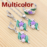 925 Silver Bridal Jewelry Set for Woman Ring Pendant Necklace Earrings Green and Blue Enamel Plant Flower Zircon Jewelry