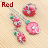 Flower Bridal Jewelry Set for Women 925 Silver Stud Earrings Pendant Necklace Ring Red Enamel Jewelry Wedding Gift