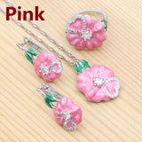 925 Sterling Silver Bridal Jewelry Set for Women Wedding Stud Earrings Pendant Necklace Ring Pink Enamel Crystal Jewelry