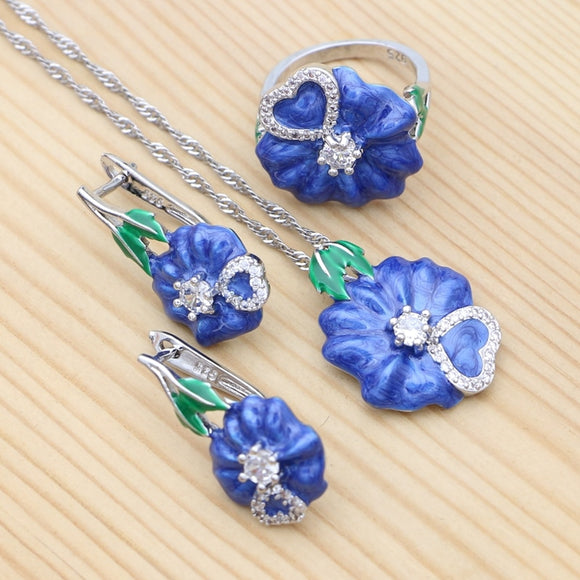 Blue Enamel Flower 925 Silver Jewelry Set for Bride Wedding Stud Earrings Pendant Necklace Ring Heart-shaped Crystal Jewelry