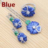 Blue Enamel Flower 925 Silver Jewelry Set for Bride Wedding Stud Earrings Pendant Necklace Ring Heart-shaped Crystal Jewelry