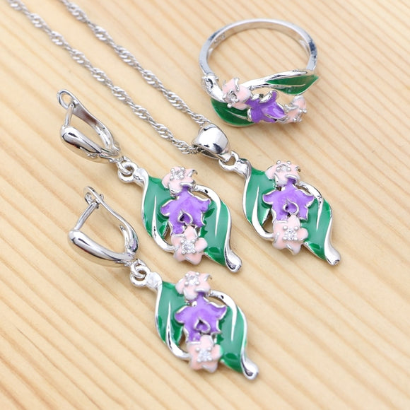 925 Sterling Silver Bridal Jewelry Set Colorful Enamel Crystal Jewelry Woman's Ring Pendant Necklace Drop Earring Set