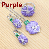 Silver 925 Bridal Jewelry Set for Women Purple Enamel Flower Earrings Pendant Necklace Ring Set Wedding Accessories