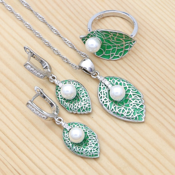 Green Enamel Leaf Jewelry for Women Pearl Ring Earrings Necklace Pendant 925 Silver Bridal Jewelry Set