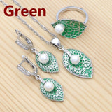 Green Enamel Leaf Jewelry for Women Pearl Ring Earrings Necklace Pendant 925 Silver Bridal Jewelry Set