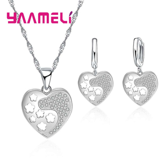 Trendy 925 Sterling Silver Heart Shape CZ Zircon Statement Necklace Earrings Jewelry Sets For Women Wedding Engagement