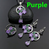 925 Sterling Silver Bridal Jewelry Set For Women Pink Enamel CZ Flower Drop Earrings Ring Pendant Necklace