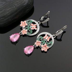 925 Sterling Silver Bridal Jewelry Set For Women Pink Enamel CZ Flower Drop Earrings Ring Pendant Necklace