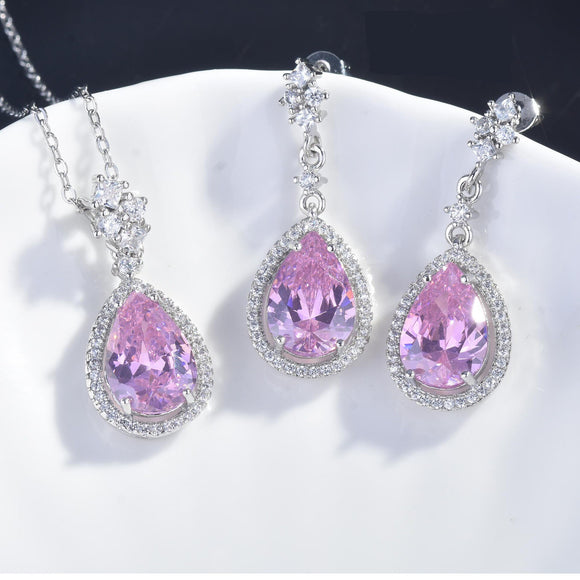 3PCS Luxury Solid 925 Sterling Jewelry Set Ladies Shiny Water Drop Cubic Zirconia Crystal Bridal Jewelry Sets Necklace Earring