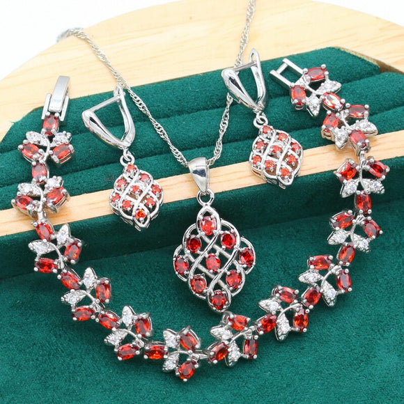 Classic 925 Silver Jewelry Sets For Women Wedding Red Zircon Bridal Bracelet Earrings Necklace Pendant Mom's Gift 3PCS