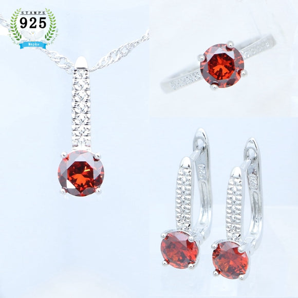 925 Sterling Silver Jewelry Set for Women Round Garnet Earrings Ring Pendant Necklace Set Simple and Exquisite Jewelry