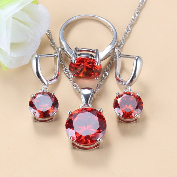 Round Red Garnet Bridal Jewelry Sets For Women Silver 925 Wedding Accessories Zircon Earrings And Necklace Sets