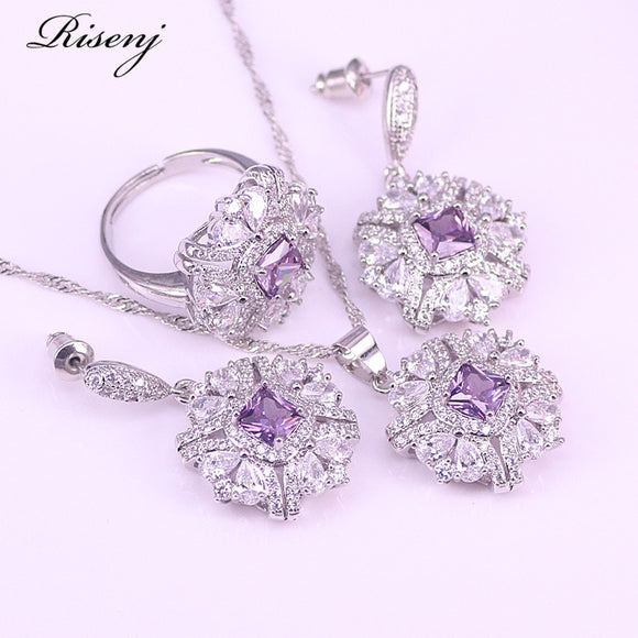 Many Colors Dubai Hot Sales Square Purple Crystal Silver 925 Jewelry Set For Women Ring Earrings Necklace Ring Anniversary Gift