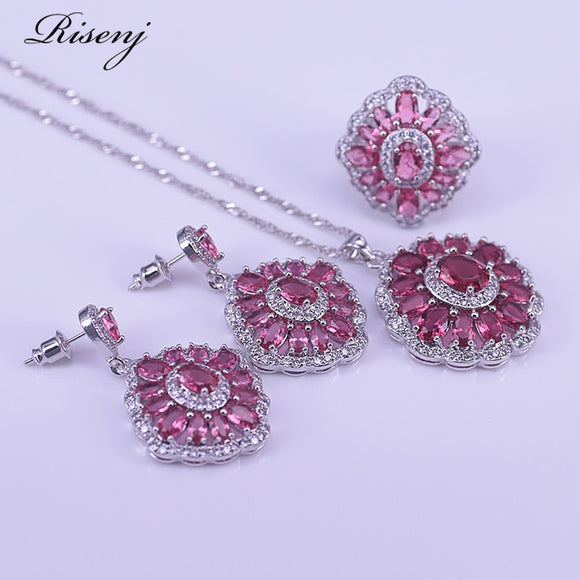 big square 925 sterling silver costume jewelry set rose red zircon & crystal earrings ring necklace set bridal jewelry