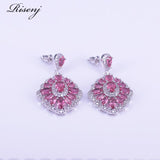 big square 925 sterling silver costume jewelry set rose red zircon & crystal earrings ring necklace set bridal jewelry