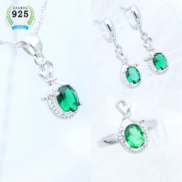 925 Silver Jewelry Set for Girls Green Cubic Zirconia Earrings Pendant Necklace Open Ring Free Gift Box Woman Birthday Gift