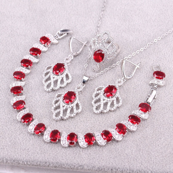 Red zirconia Silver 925 Ring Earrings Sets Wedding Jewelry Sets For Women Earrings/Pendant/Necklace/Ring/Bracelet