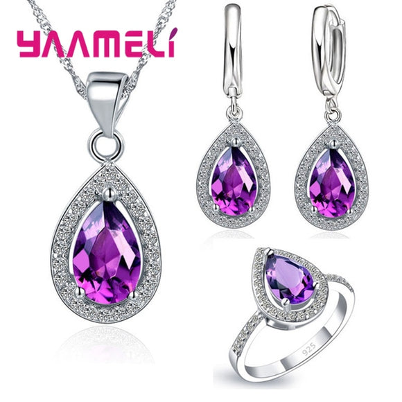 New Arrival Wedding Jewelry Sets Full CZ Crystal Water Drop Cubic Zircon Necklace/Earrings/Ring 925 Sterling Silver Jewelry