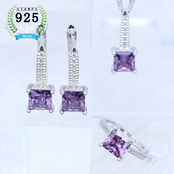 925 Sterling Silver Punk Jewelry Set Square Amethyst Adjustable Ring Pendant Necklace Earrings for Women