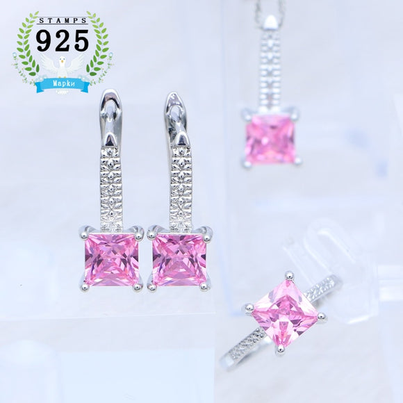 Square Pink Cubic Zirconia Bridal Jewelry Set for Women 925 Sterling Silver Ring Earrings Necklace Pendant Adjustable Ring